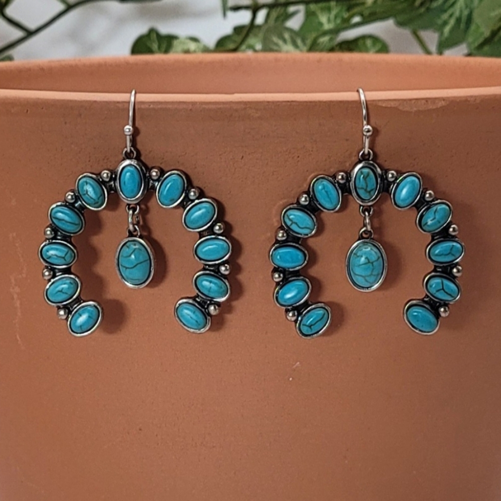 Western Turquoise Squash Blossom Drop Stone Earrings New